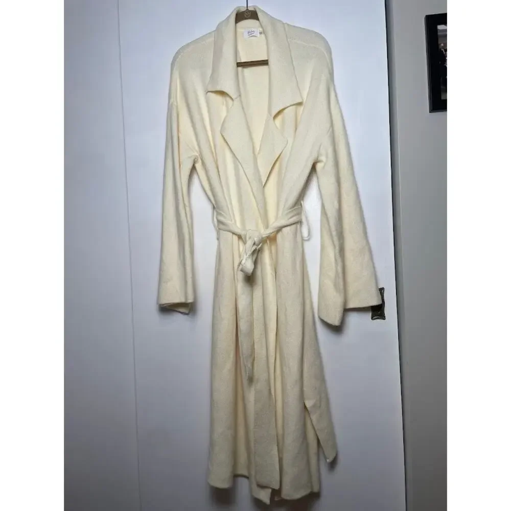 Blueivy BELTED KNIT Ivory CARDIGAN‎ Womens L Cozy Chic Cream Long Open Sweater